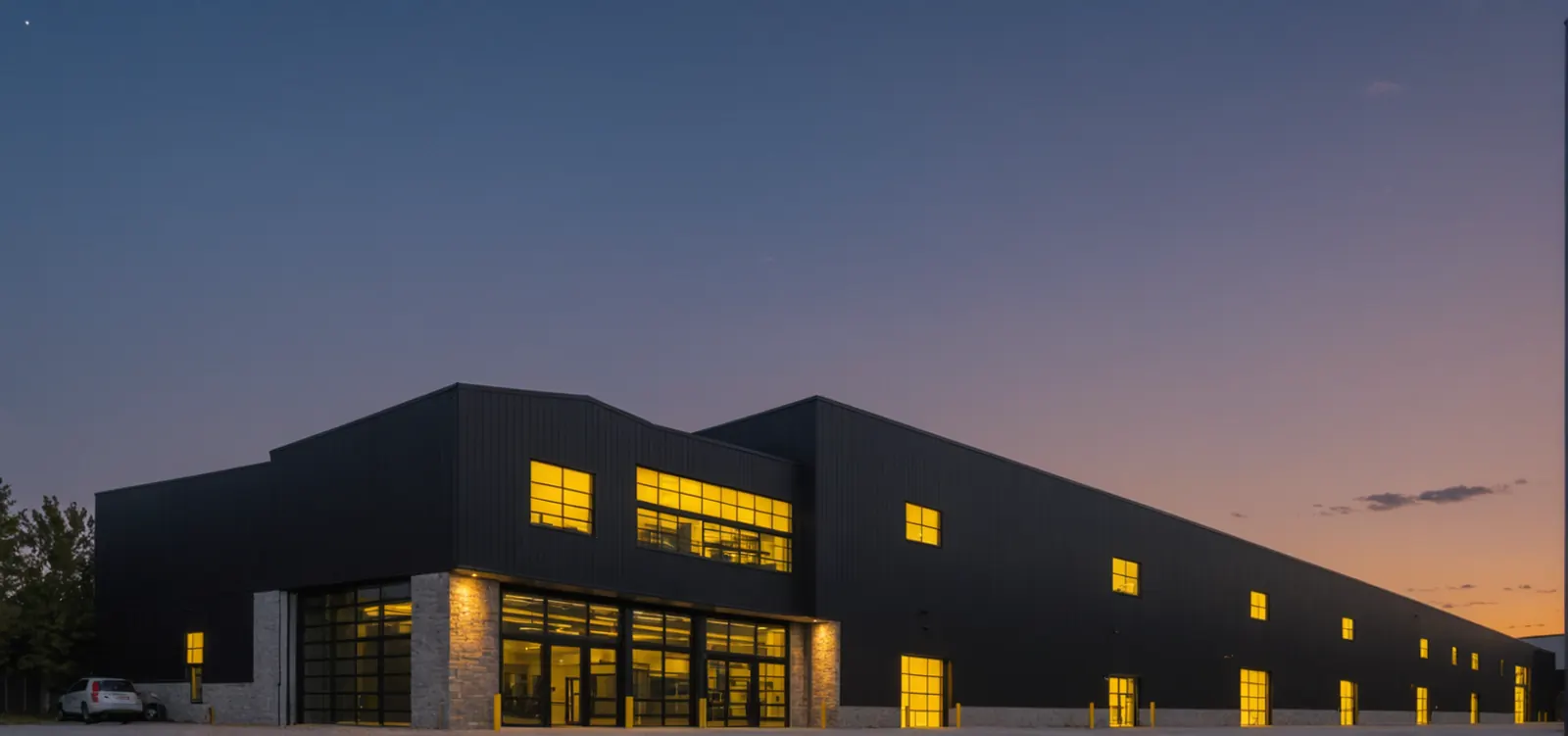 Concept rendering of a modern dark steel industrial building with a stone and glass entrance at sunset