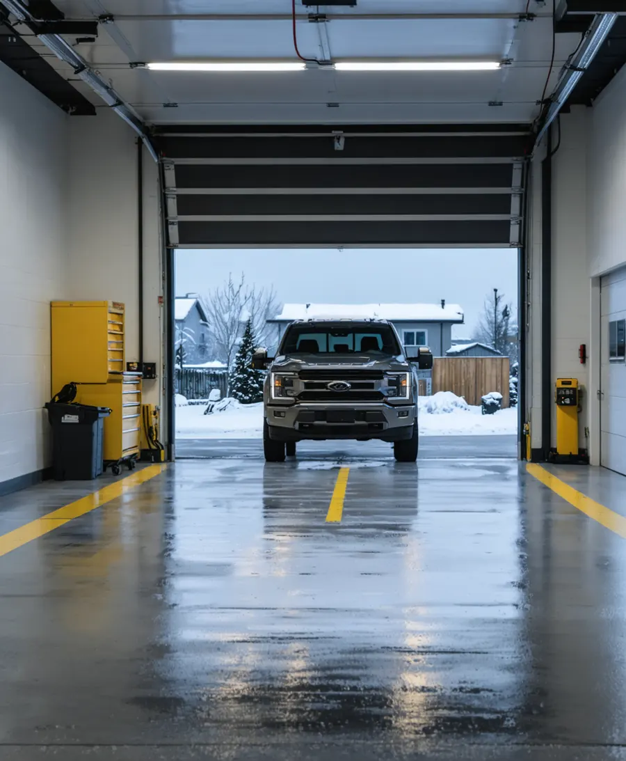 A pickup truck parked inside a bright heated garage bay on a snowy evening