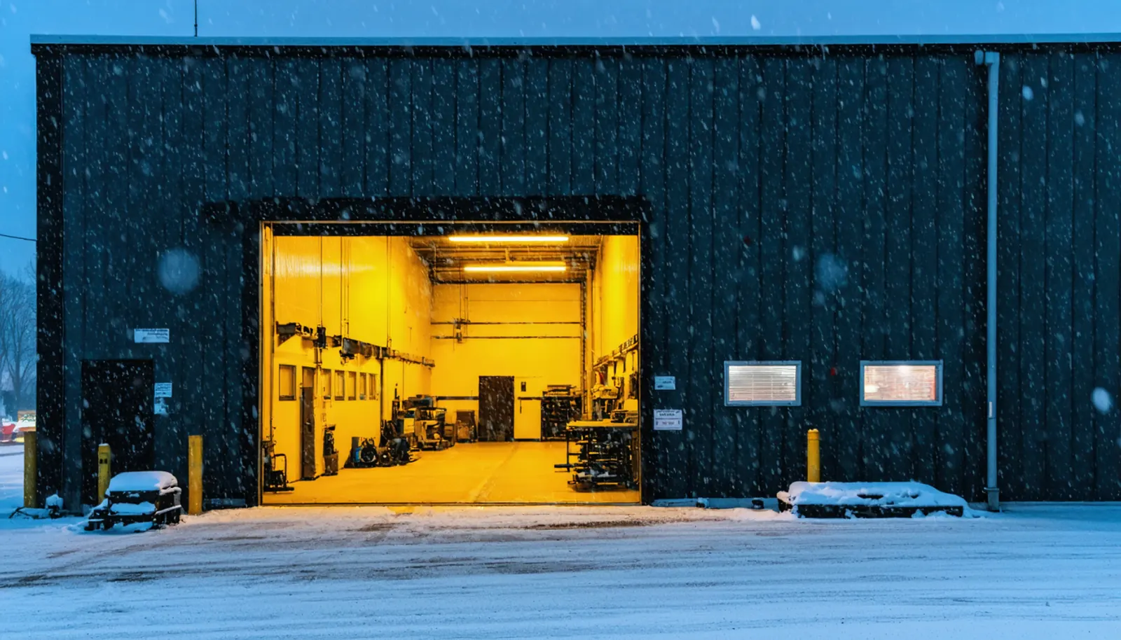 An open bay door glowing warm on a snowy winter night